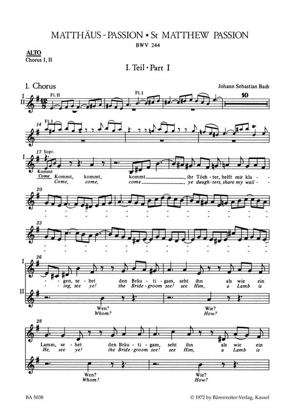 Matthäus-Passion BWV244&nbsp;&nbsp;für Soli, Chor und Orchester&nbsp;&nbsp;Chorstimme Alt 1/2