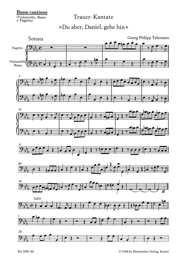 DU ABER, DANIEL, GEHE HIN TRAUER-&nbsp;&nbsp;KANTATE FUER SB SOLI, SATB CHOR UND&nbsp;&nbsp;ORCHESTER       BASSO CONTINUO