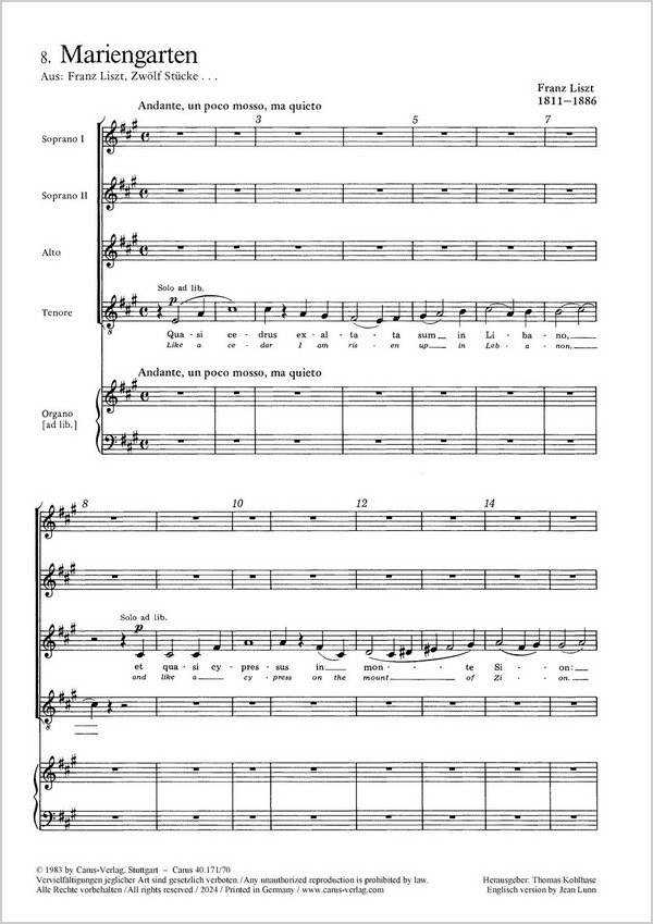 MARIENGARTEN AUS&nbsp;&nbsp;ZWOELF STUECKE (FUER SSAT UND ORGEL&nbsp;&nbsp;AD LIB.)     PARTITUR (LA/EN)