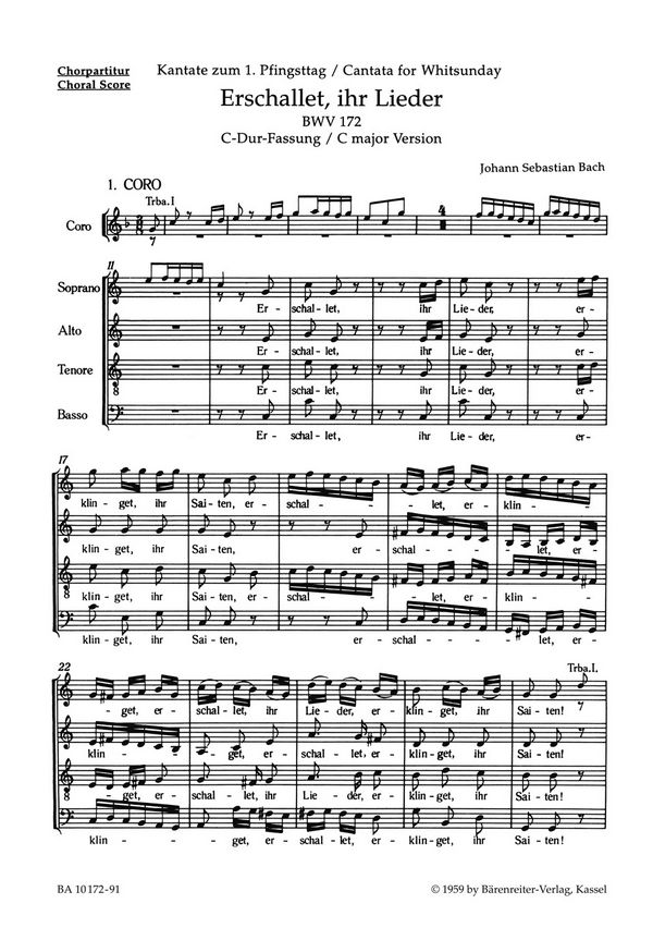 Erschallet ihr Lieder&nbsp;&nbsp;Kantate Nr.172 BWV172&nbsp;&nbsp;Chorpartitur