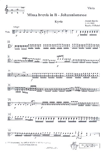 Missa brevis B-Dur 'in honorem sancti Joannes de deo'&nbsp;&nbsp;für gem Chor, Streicher und Orgel&nbsp;&nbsp;Viola
