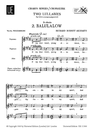 O MY DEAR HEART, YOUNG JESU SWEET  BALULALOW FOR SSA CHOIR  SCORE (EN)