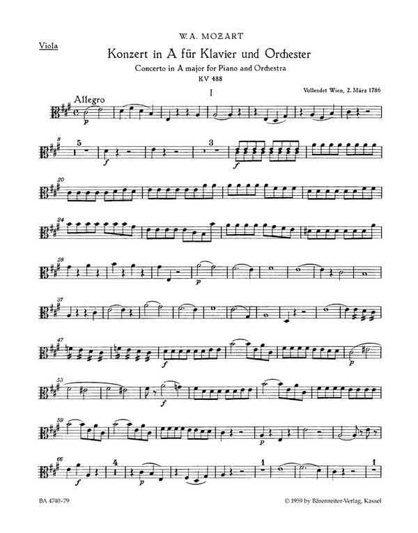 KONZERT A-DUR KV488 FUER KLAVIER&nbsp;&nbsp;UND ORCHESTER,  VIOLA&nbsp;&nbsp;