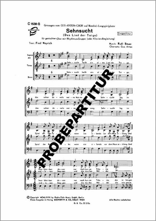 Sehnsucht&nbsp;&nbsp;für gem Chor und Klavier&nbsp;&nbsp;Partitur (dt)