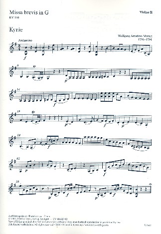 Missa brevis G-Dur KV140 für&nbsp;&nbsp;Soli (SATB), gem Chor und Orchester&nbsp;&nbsp;Violine 2