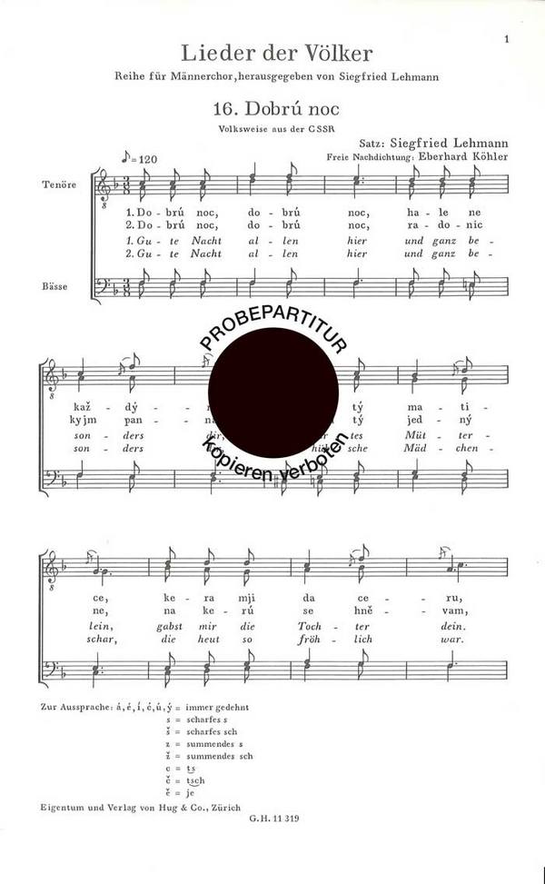 DOBRU NOC VOLKSWEISE AUS DER CSSR  FUER MAENNERCHOR  PARTITUR (TS/DT)
