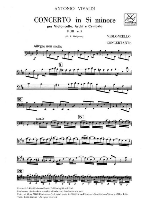 Concerto si minore F.III:9 per&nbsp;&nbsp;violoncello, archi, cembalo&nbsp;&nbsp;parti