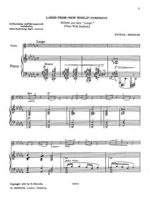 Largo from The New World Symphony  for violin and piano  
