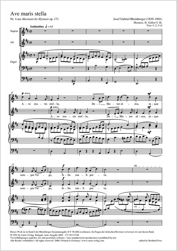 Ave maris stella op.171,4a&nbsp;&nbsp;für Sopran, Alt und Orgel&nbsp;&nbsp;