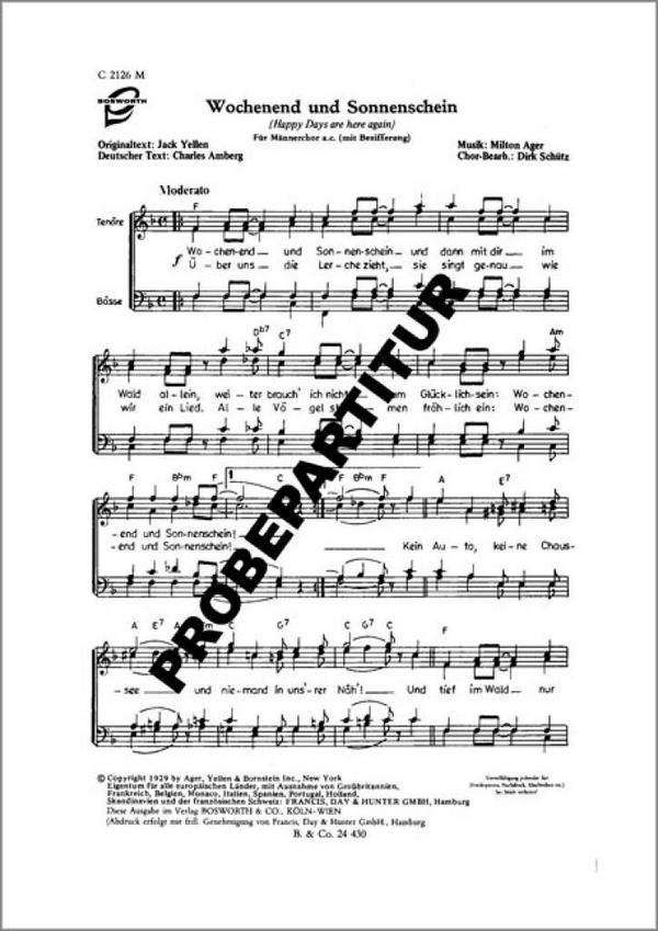 Wochenend und Sonnenschein&nbsp;&nbsp;für Männerchor a cappella&nbsp;&nbsp;Partitur