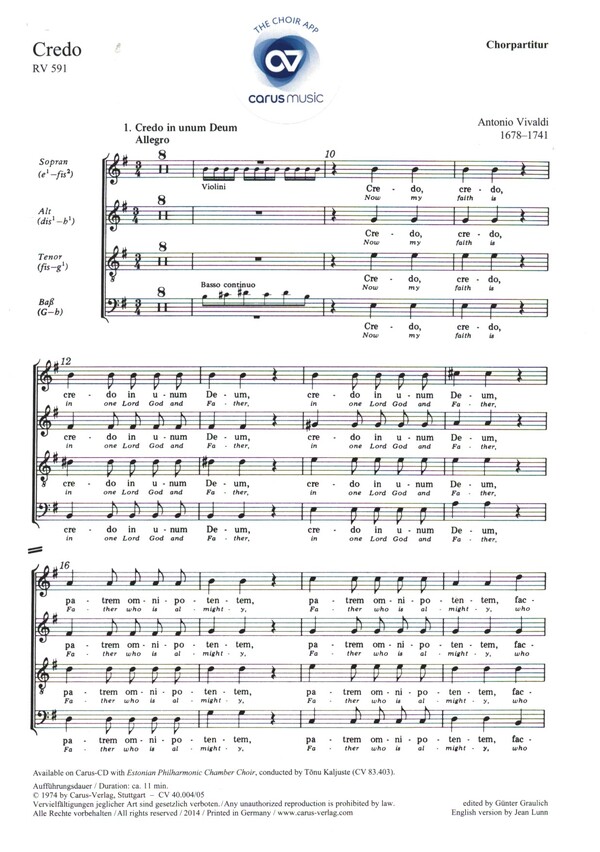 CREDO RV591 FUER GEM CHOR UND&nbsp;&nbsp;ORCHESTER,  CHORPARTITUR (DT/EN)&nbsp;&nbsp;GRAULICH, GUENTER, ED