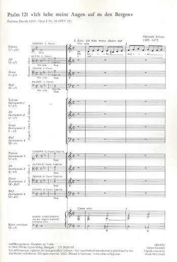 Ich hebe meine Augen auf zu den Bergen&nbsp;&nbsp;SWV31 für Doppelchor, Kontrabass&nbsp;&nbsp;und Orgel,  Chorpartitur  (dt/en)