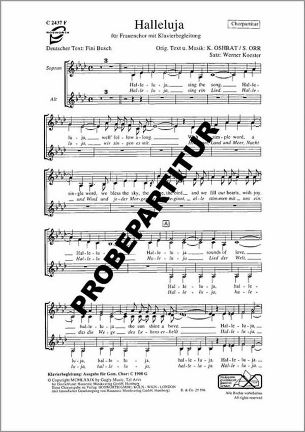 Halleluja&nbsp;&nbsp;für Frauenchor und Klavier&nbsp;&nbsp;Chorpartitur (DT/EN)