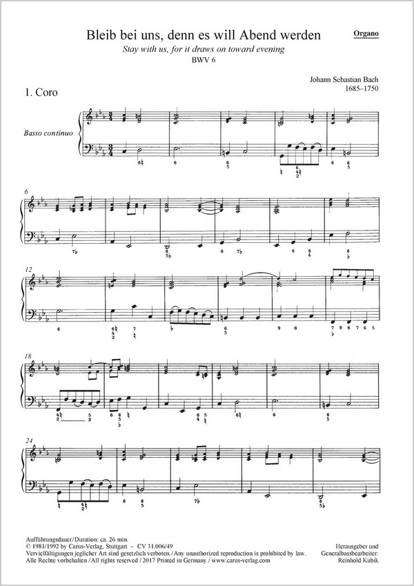 Bleib bei uns denn es will Abend werden&nbsp;&nbsp;Kantate Nr.6 BWV6&nbsp;&nbsp;Generalbass