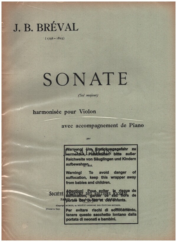 SONATE SOL MAJEUR POUR VIOLON AVEC  ACCOMPAGNEMENT DE PIANO  SALMON, J., ARR.