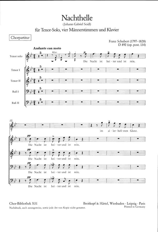 Nachthelle D892 op.134&nbsp;&nbsp;für Tenor solo, Männerchor und Klavier&nbsp;&nbsp;Chorpartitur