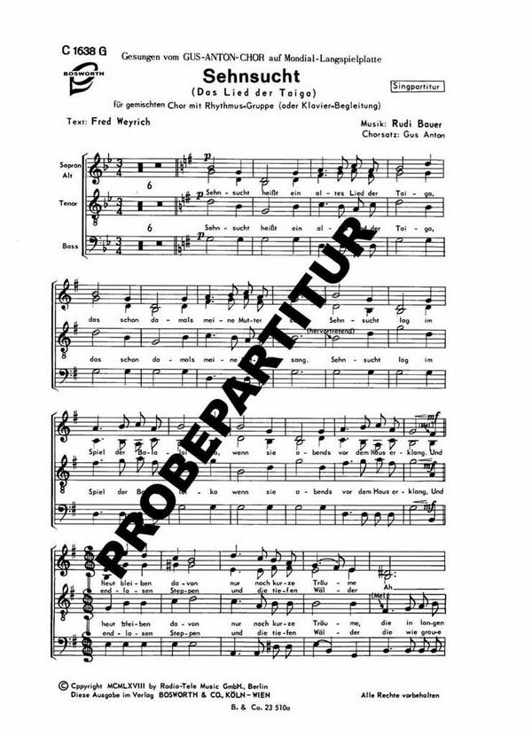 Sehnsucht&nbsp;&nbsp;für gem Chor und Klavier&nbsp;&nbsp;Chorpartitur (dt)