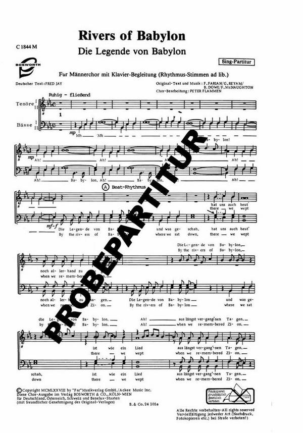 Rivers of Babylon&nbsp;&nbsp;für Männerchor und Klavier&nbsp;&nbsp;Chorpartitur (dt/en)
