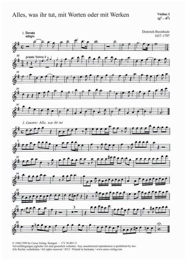 Alles was ihr tut BuxWV4 für Soli  (SB), gem Chor und Streicher  Violine 1