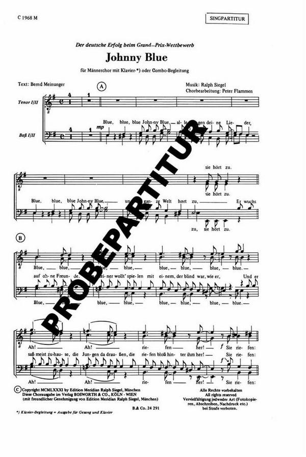 Johnny Blue&nbsp;&nbsp;für Männerchor und Klavier&nbsp;&nbsp;Chorpartitur