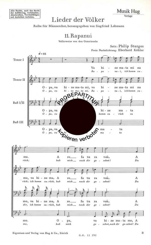 RAPANUI VOLKSWEISE VON DEN OSTER-&nbsp;&nbsp;INSELN FUER MAENNERCHOR&nbsp;&nbsp;PARTITUR (SP/DT)