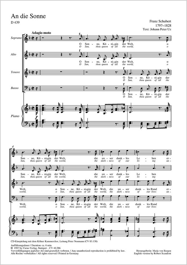AN DIE SONNE:    SATB CHOR, D 439    PARTITUR (DT)