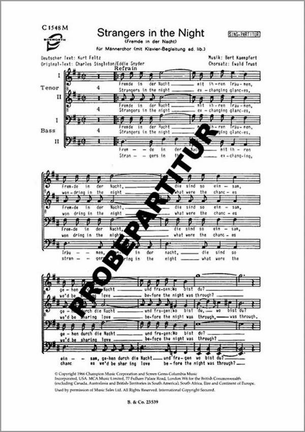 Strangers in the night&nbsp;&nbsp;für Männerchor und Klavier&nbsp;&nbsp;Partitur (dt/en)