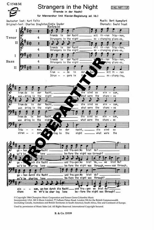 Strangers in the night&nbsp;&nbsp;für Männerchor und Klavier&nbsp;&nbsp;Chorpartitur (dt/en)