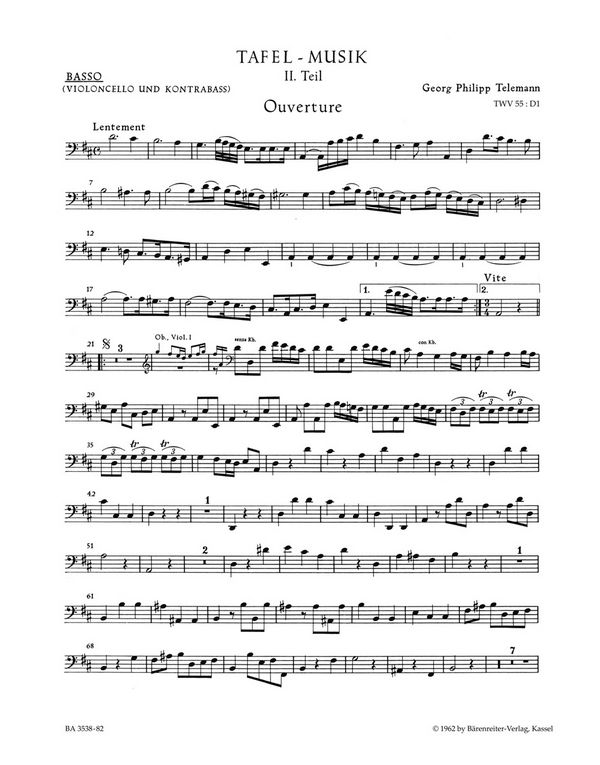Tafelmusik 2 Ouverture und&nbsp;&nbsp;Conclusion D-Dur für Orchester&nbsp;&nbsp;Cello / Bass