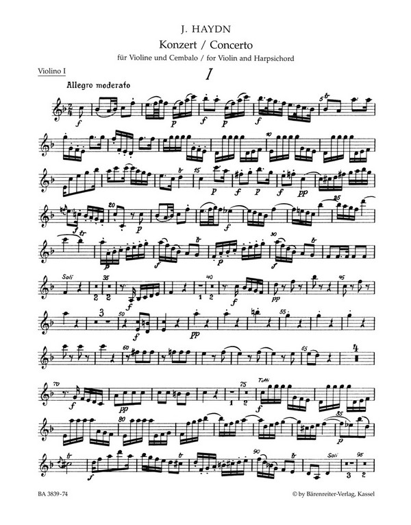 Konzert F-Dur Hob.XVIII:6&nbsp;&nbsp;für Violine, Cembalo und Streicher&nbsp;&nbsp;Violine 1