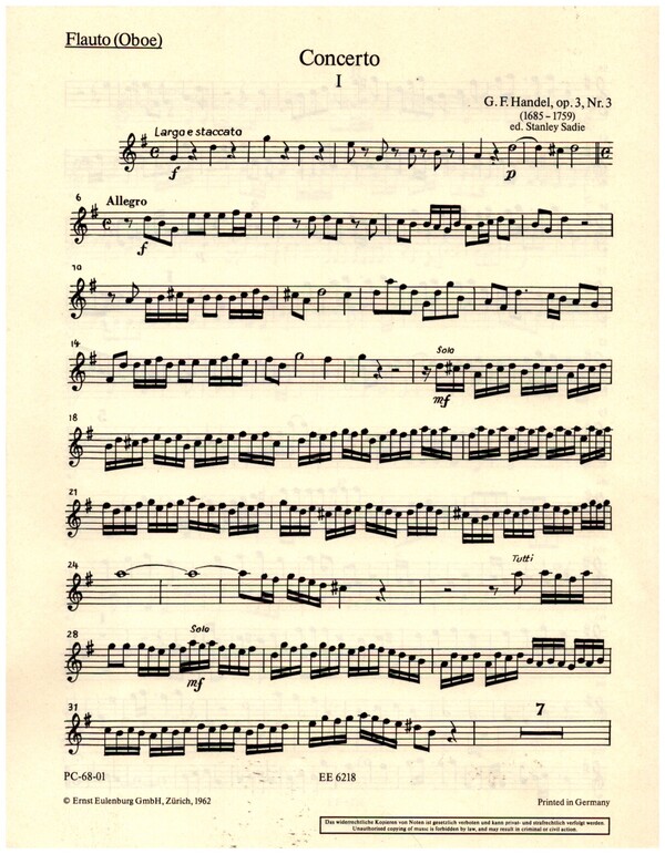 Concerto grosso G-Dur op.3,3  für Oboe und Streicher  Flöte/Oboe