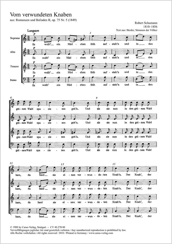 VOM VERWUNDETEN KNABEN SOPRANO,&nbsp;&nbsp;ALTO, TENORE, BASSO, OP. 75 NR. 5,&nbsp;&nbsp;1849              PARTITUR (DT)