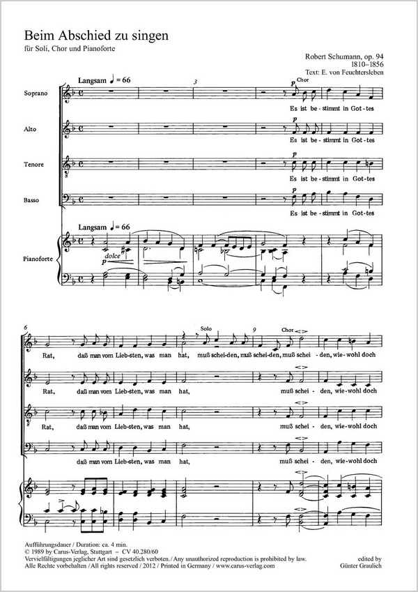Beim Abschied zu singen op.84&nbsp;&nbsp;für Soli, Chor und Klavier&nbsp;&nbsp;Partitur (dt)
