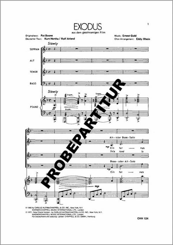 Exodus Titelmelodie aus dem Film&nbsp;&nbsp;für gem Chor und Klavier&nbsp;&nbsp;Partitur (dt/en)