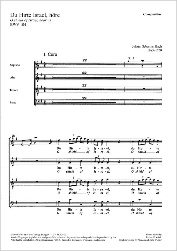 Du Hirte Israel höre&nbsp;&nbsp;Kantate Nr.104 BWV104&nbsp;&nbsp;Chorpartitur