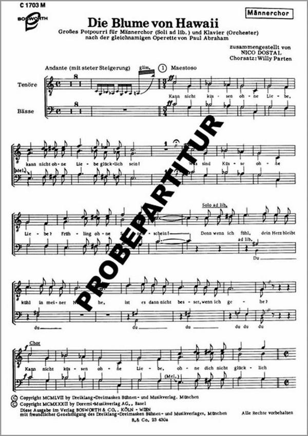 Blume von Hawaii grosses Potpourri  für TTBB Chor und Orchester, Soli ad lib  Partitur