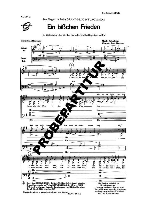 Ein bisschen Frieden&nbsp;&nbsp;für gem Chor mit Klavier- oder Combo-Begleitung ad lib.&nbsp;&nbsp;Chorpartitur