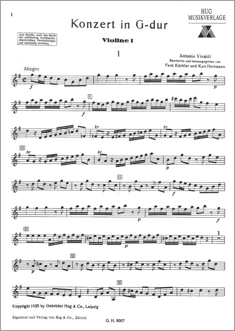 Concerto G-Dur RV310 für Violine&nbsp;&nbsp;und Streichorchester&nbsp;&nbsp;Stimmenset ((3-3-3)-(2-2)-2-1, Cont, Solo)