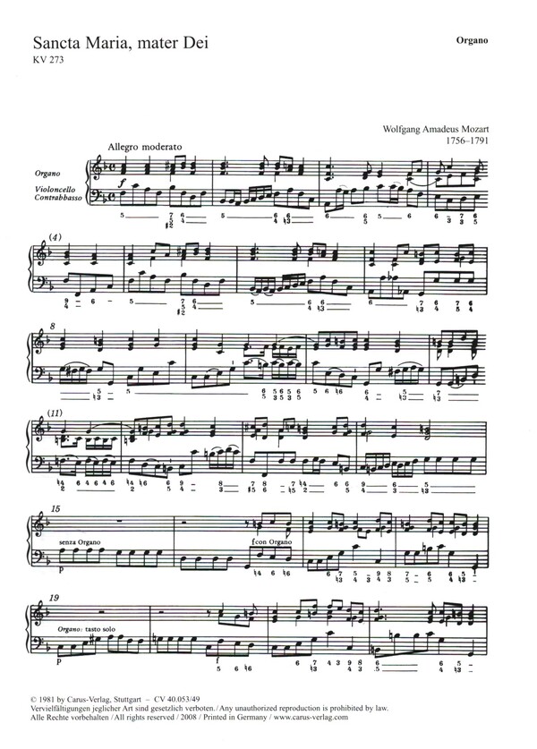 SANCTA MARIA MATER DEI KV273 FUER&nbsp;&nbsp;GEM CHOR, STREICHER UND ORGEL&nbsp;&nbsp;ORGELSTIMME