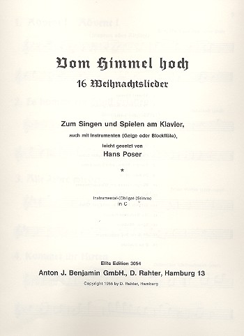Vom Himmel hoch 16 Weihnachtslieder&nbsp;&nbsp;für Gesang und Klavier&nbsp;&nbsp;Instrumentalbegleitstimme in C