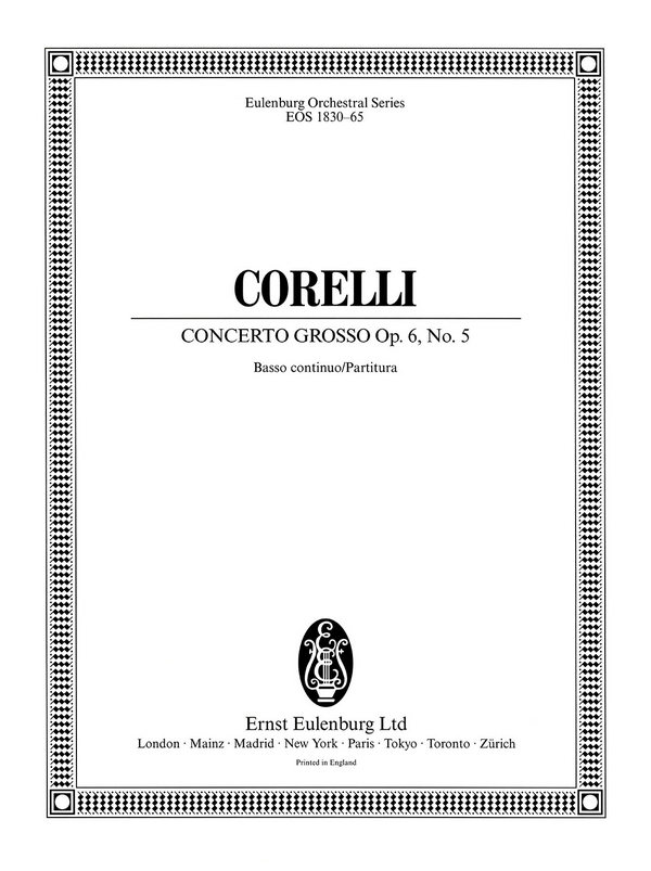 Concerto grosso B-Dur Nr.5 op.6,5  für 2 Violinen, Violoncello, Streicher und Bc  Partitur (= Bc)