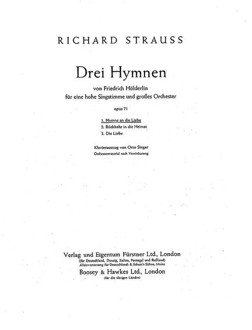 Hymne an die Liebe op. 71,1&nbsp;&nbsp;für hohe Singstimme und Orchester&nbsp;&nbsp;Klavierauszug