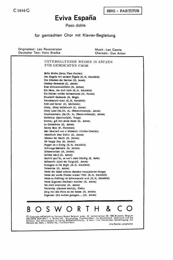 Eviva Espana&nbsp;&nbsp;für gem Chor und Klavier&nbsp;&nbsp;Singpartitur