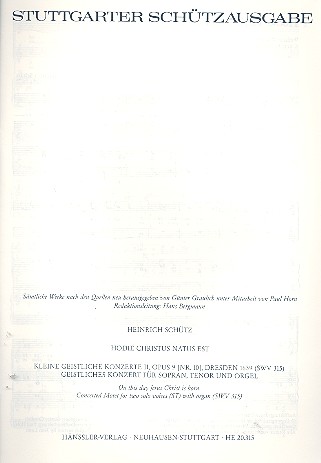 Hodie Christus natus est SWV315&nbsp;&nbsp;Geistliches Konzert für Sopran, Tenor und&nbsp;&nbsp;Orgel