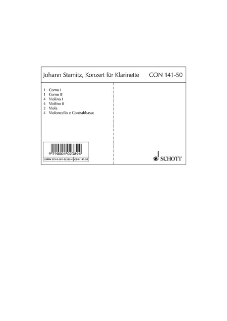 Konzert B-Dur&nbsp;&nbsp;für Klarinette und Streichorchester, 2 Hörner ad libitum&nbsp;&nbsp;Stimmensatz - Horn I, Horn II, 4 Violinen I, 4 Violinen II, 2 Violen, 