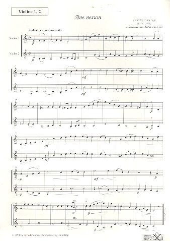 Ave verum&nbsp;&nbsp;für gem Chor und Bc (2 Violinen und 2 Klarinetten ad lib)&nbsp;&nbsp;Spielpartitur Violine 1/2