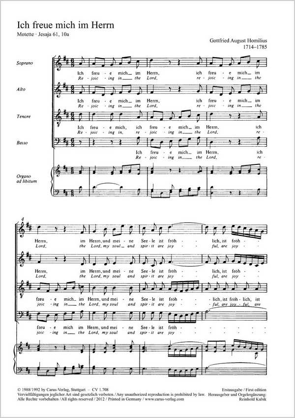 Ich freue mich im Herrn  für gem Chor und Orgel ad lib.  Partitur