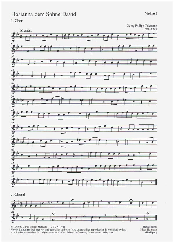 Hosianna dem Sohne David für&nbsp;&nbsp;Sopran, Alt, 2(3)-stimmigen Chor&nbsp;&nbsp;SA(B), 2 Violinen und Bc,   Violine 1