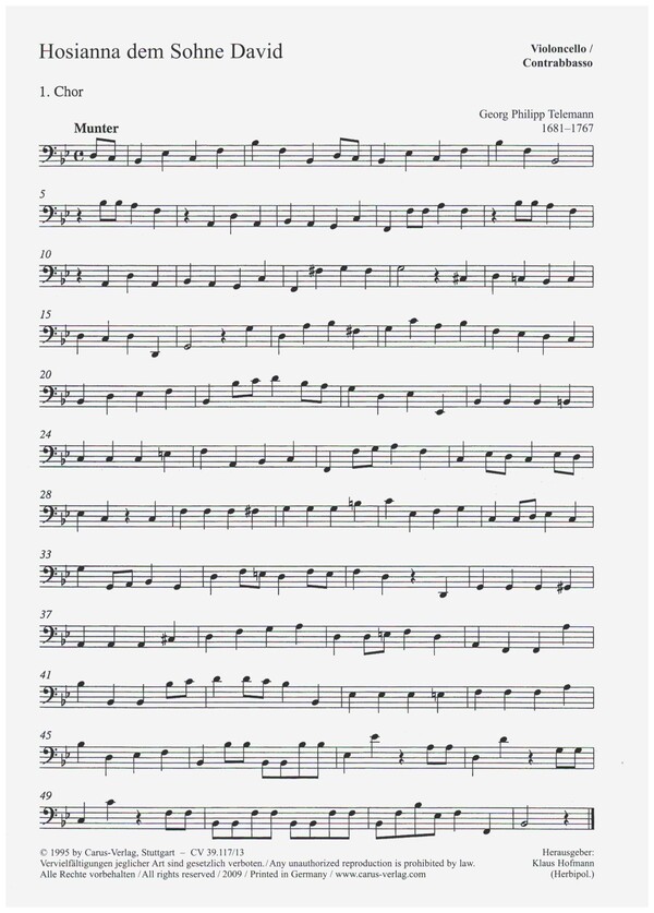 Hosianna dem Sohne David&nbsp;&nbsp;für Sopran, Alt, 2(3)-stimmigen Chor (SAB) ), 2 Violinen und Bc&nbsp;&nbsp;Violoncello/ Kontrabass