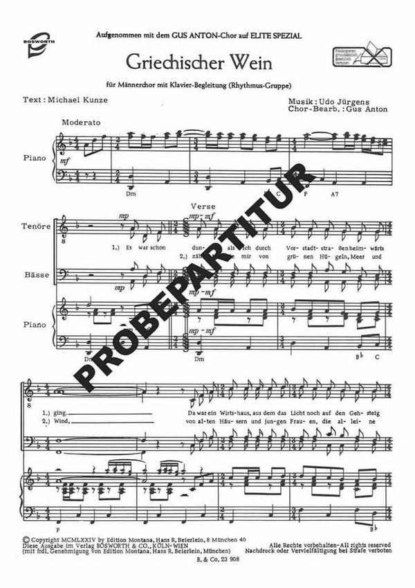 Griechischer Wein  für Männerchor und Klavier  Klavierpartitur